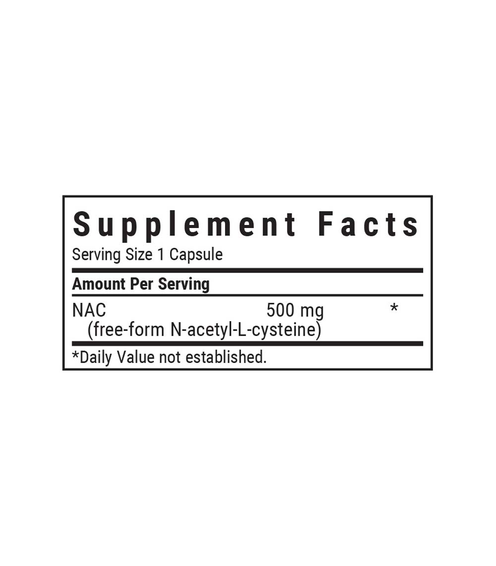 Bluebonnet’s NAC 500 mg supplement facts panel