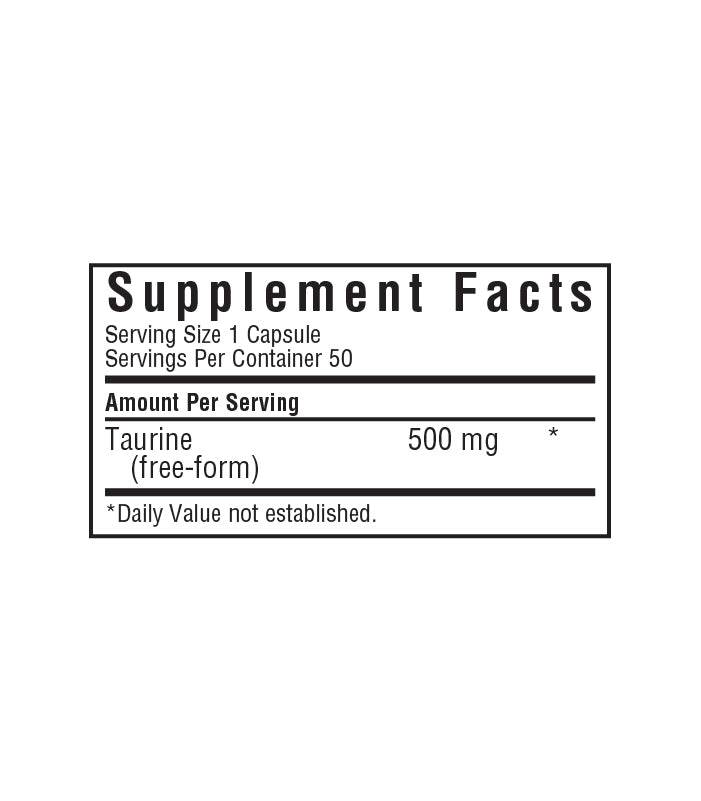Supplement facts panel for taurine 500 mg capsules