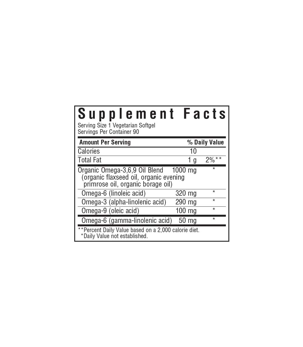 Bluebonnet’s Plant-Based Omega-3•6•9 1000 mg Vegetarian Softgels , supplement facts panel