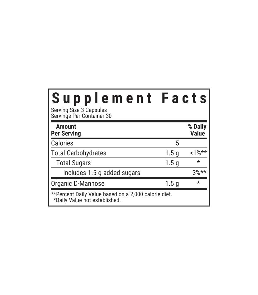 Bluebonnet’s D-Mannose 500 mg Vegetable Capsules to help cleanse the urinary tract and support a healthy bladder. Supplement facts panel