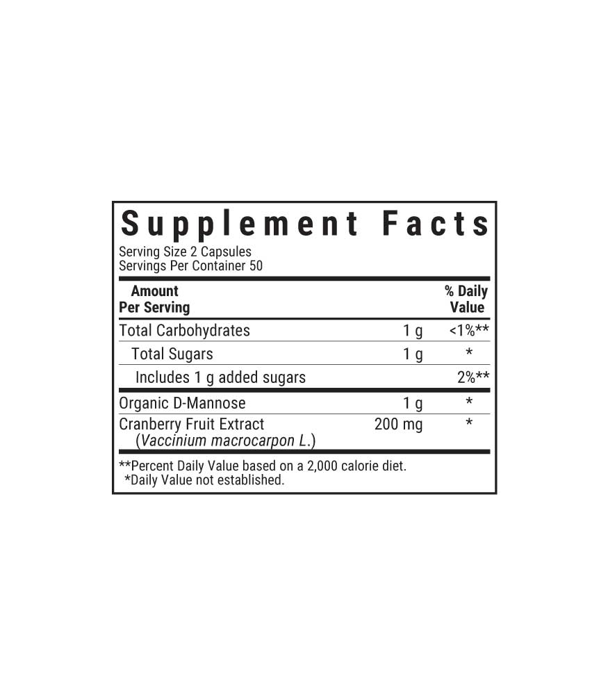 Bluebonnet’s D-Mannose & Cranberry Vegetable Capsules with organic D-Mannose and cranberry fruit extract to support urinary tract health. Supplement facts panel