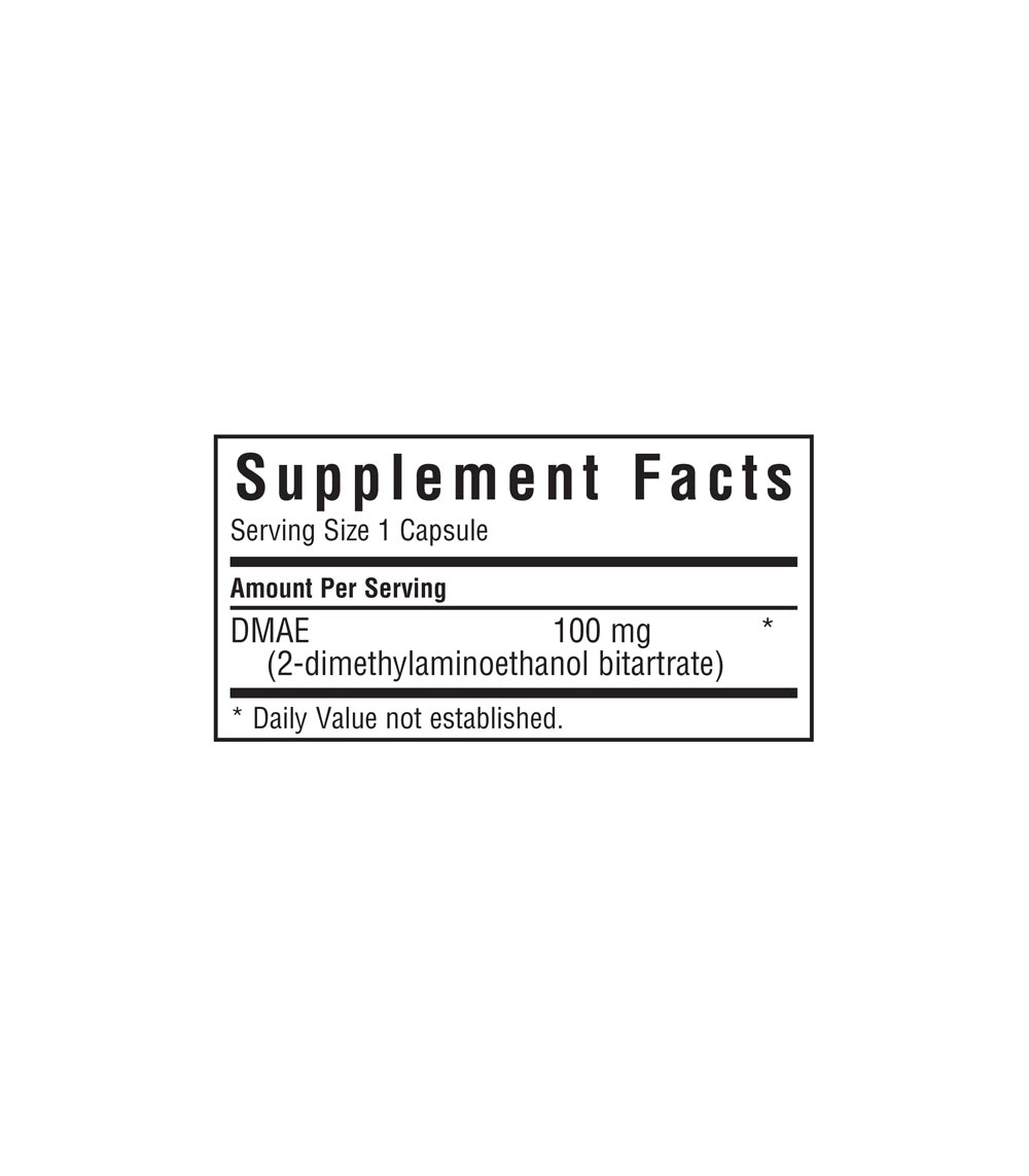 Bluebonnet’s DMAE 100 mg Vegetable Capsules, supplement facts panel