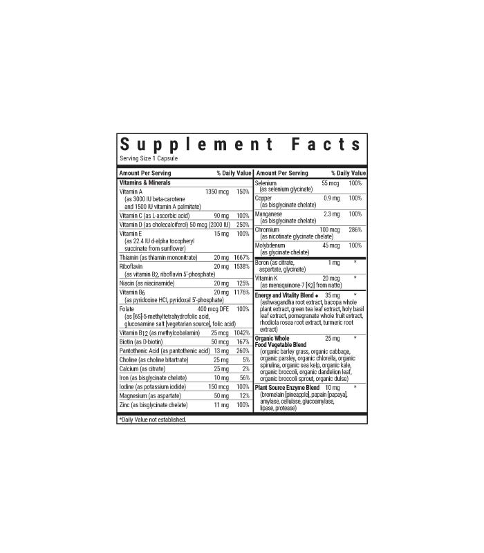 Bluebonnet’s Maxi ONE formula with iron Vegetable Capsules supplement facts panel