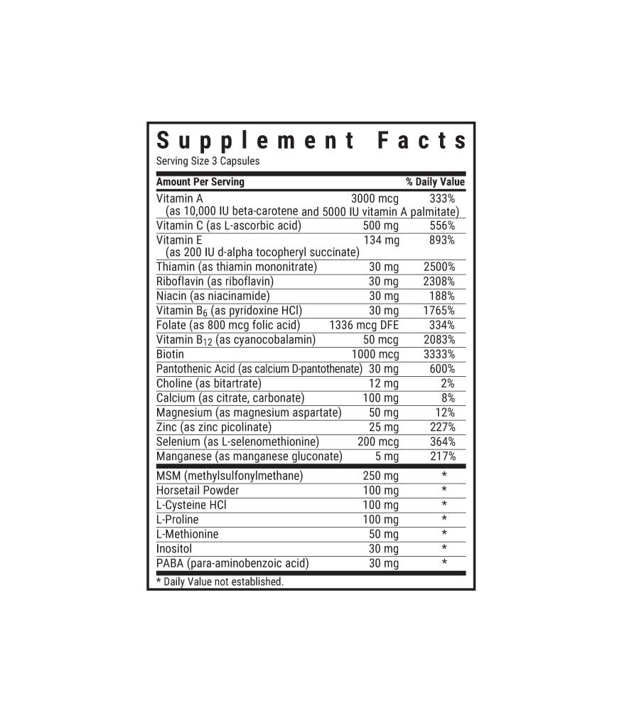 Bluebonnet’s Ultimate Hair & Nail Formula Vegetable Capsules, supplement facts panel