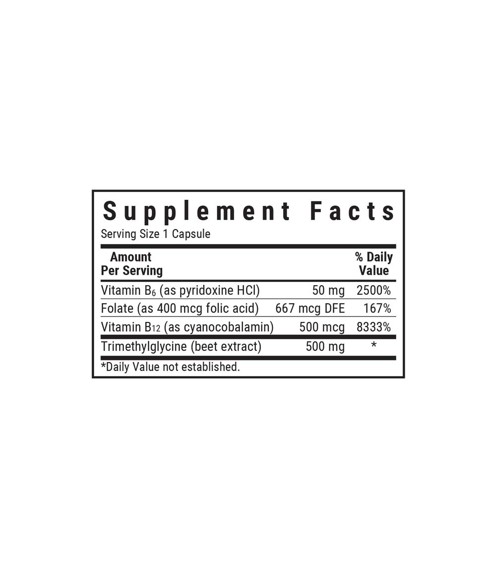Bluebonnet’s Homocysteine Formula Vegetable Capsules, supplement facts panel
