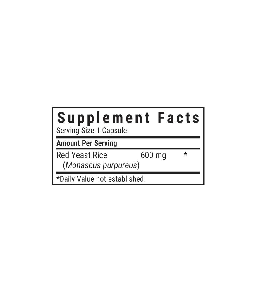 Bluebonnet’s Red Yeast Rice 600 mg Vegetable Capsules, supplement facts panel