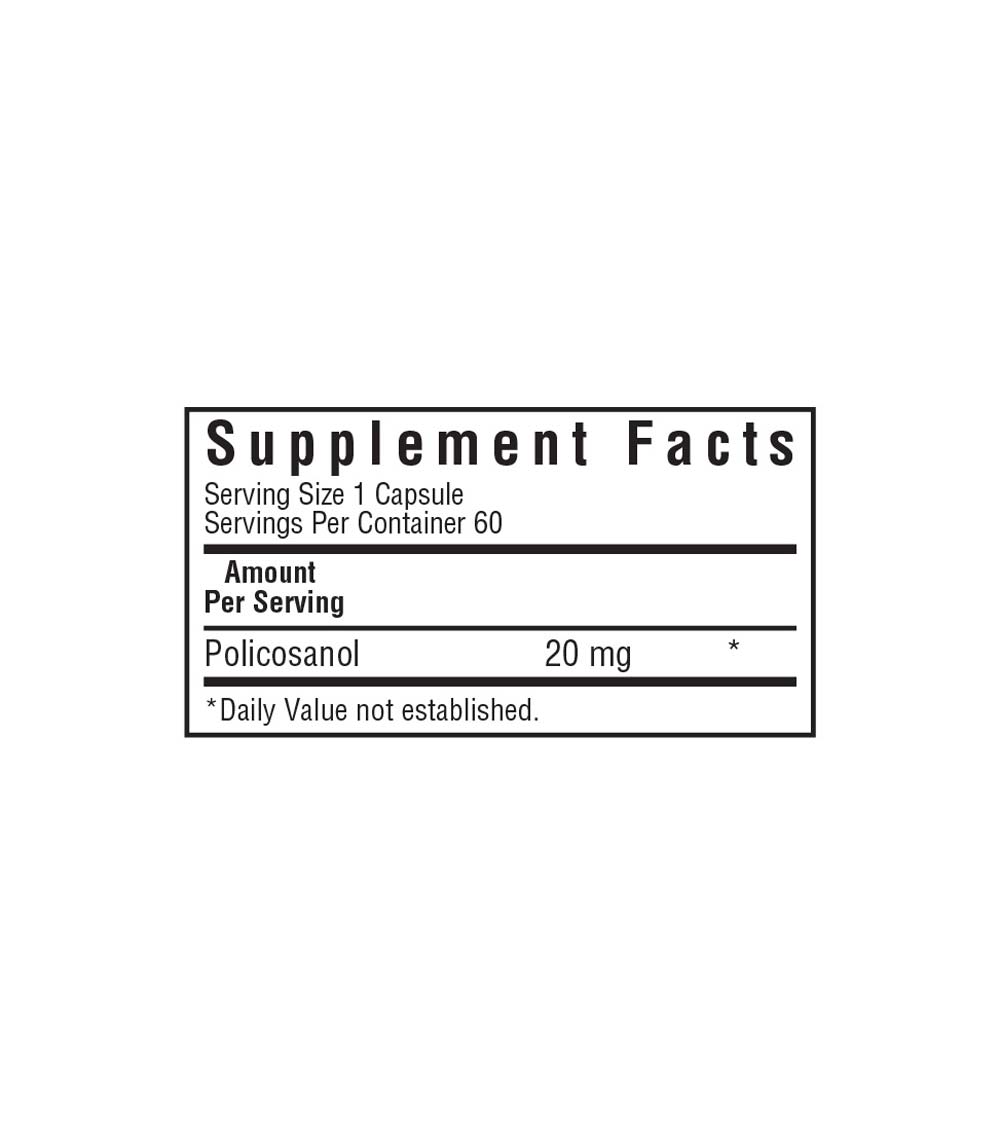 Bluebonnet’s Policosanol 20 mg Vegetable Capsules, supplement facts panel