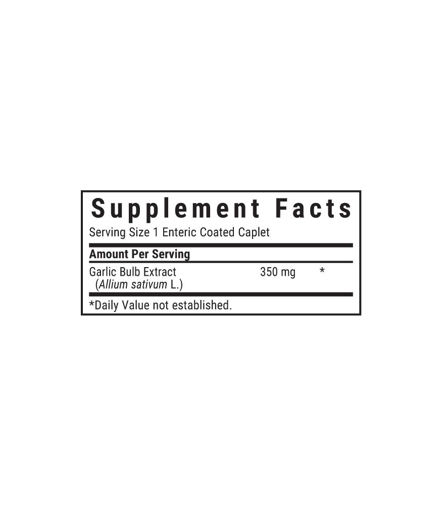 Bluebonnet’s Standardized Odor-Less Fresh Garlic Extract Enteric Coated Caplets, supplement facts panel