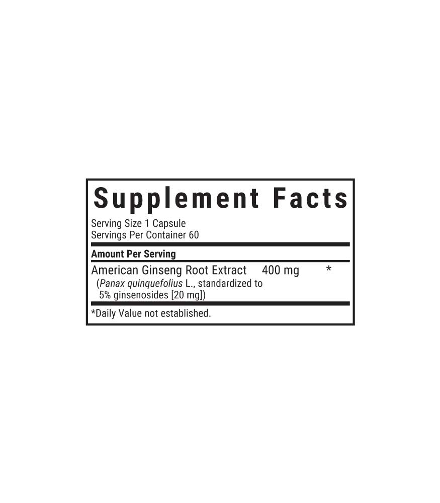 Bluebonnet’s Standardized American Ginseng Root Extract Vegetable Capsules supplement facts panel