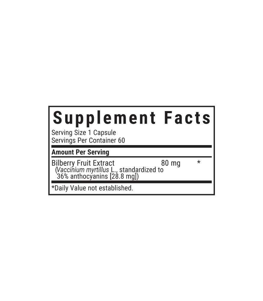 Bluebonnet’s Bilberry Fruit Extract Vegetable Capsules, supplement facts panel