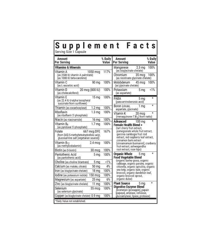 Bluebonnet’s Ladies' One Whole Food-Based Multiple vegetable capsules supplement facts panel