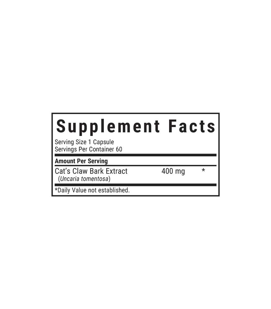 Bluebonnet’s Cat’s Claw Bark Extract Vegetable Capsules, supplement facts panel