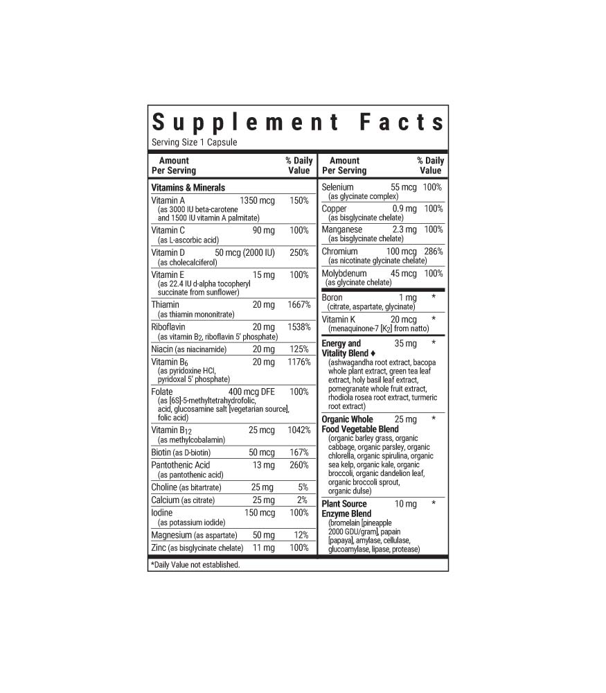 Bluebonnet’s Maxi ONE formula (Iron-Free) vegetable capsules supplement facts panel