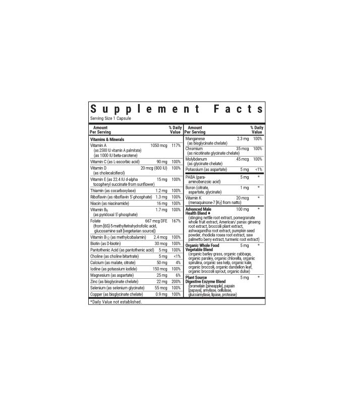 Bluebonnet’s One For Men Whole Food-Based Multiple vegetable capsules supplement facts panel