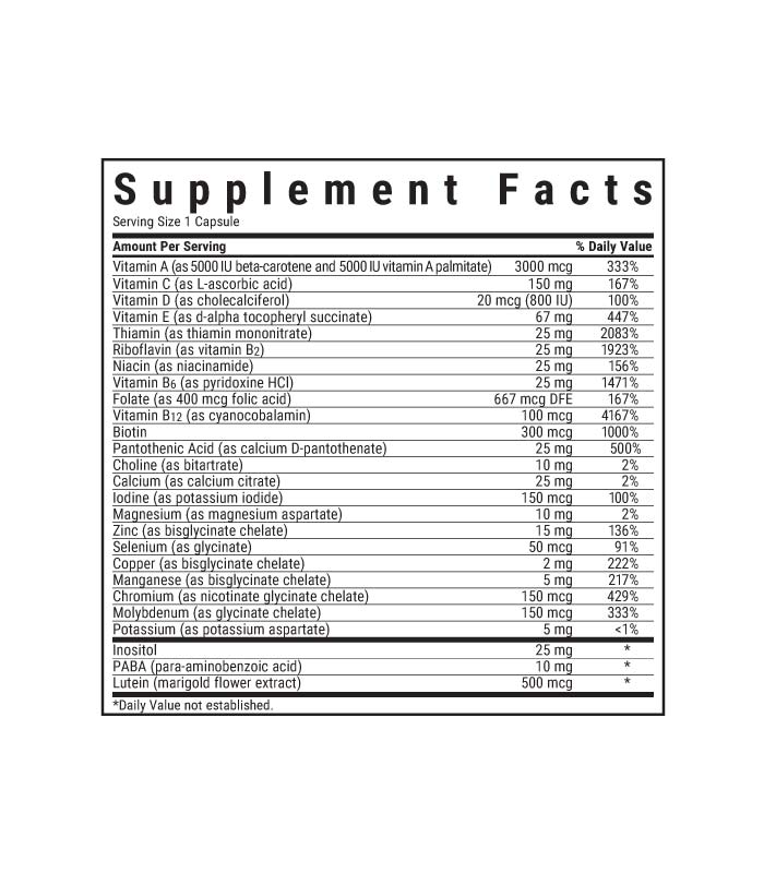 Bluebonnet’s Multi One Iron-free Single Daily Multiple vegetable capsules supplement facts panel