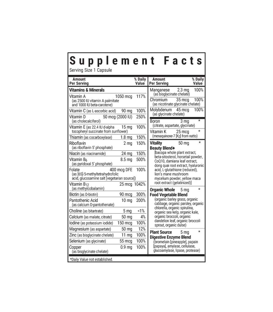 Bluebonnet’s Ladies’ ONE 40+ Whole Food-Based Multiple Vegetable Capsules supplement facts panel