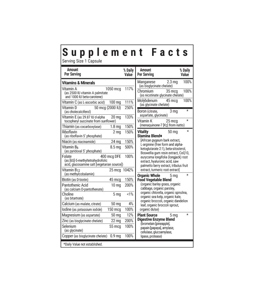 Bluebonnet’s ONE for Men 40+ Whole Food-Based Multiple Vegetable Capsules supplement facts panel