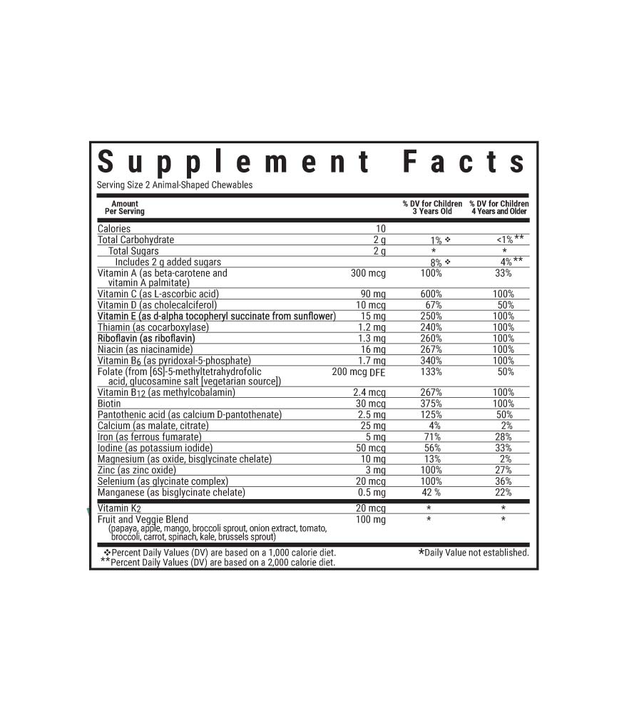 Bluebonnet Rainforest Animalz Whole Food Based Multiple Animal-Shaped Chewables supplement facts panel
