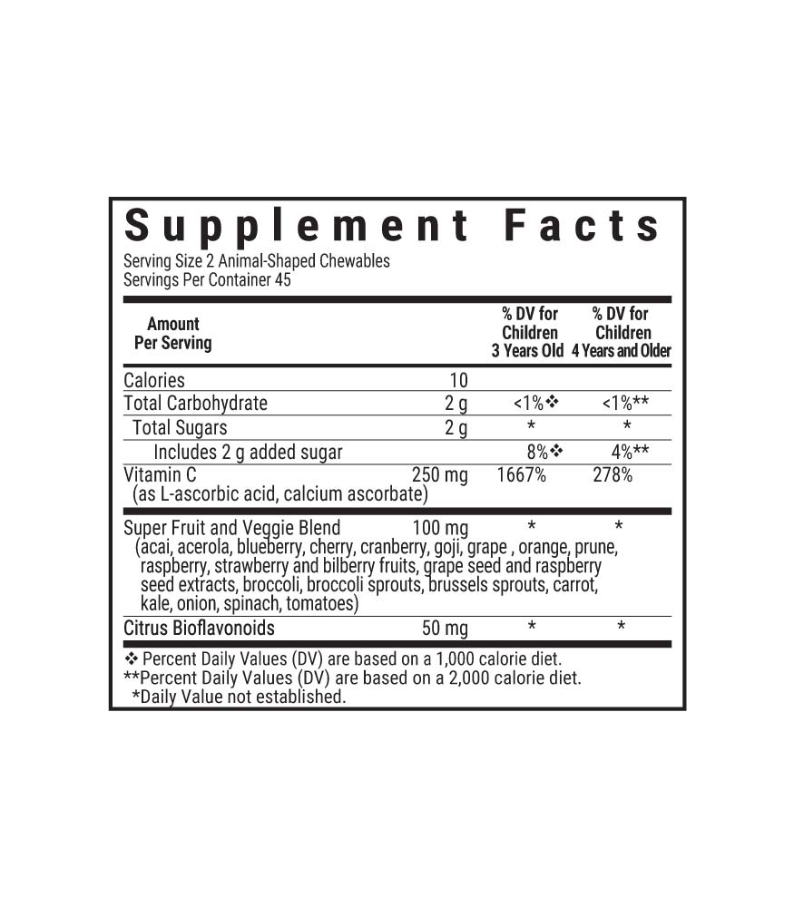 Bluebonnet Rainforest Animalz Vitamin C animal-shaped chewables supplement facts panel