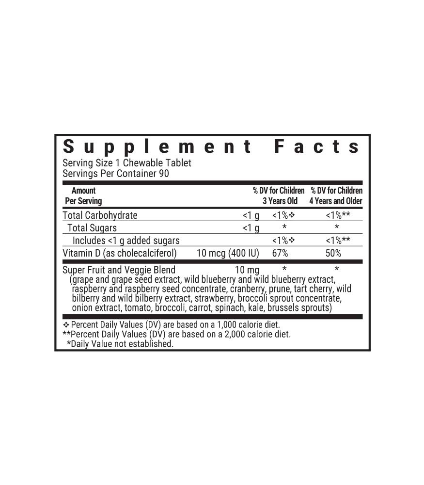Bluebonnet's Rainforest Animalz® Vitamin D3 400 IU 90 animal-shaped chewables supplement facts panel
