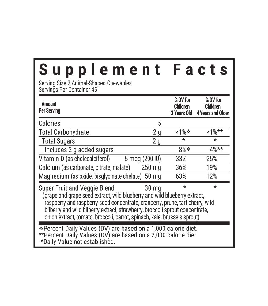 Bluebonnet's Rainforest Animalz Calcium Magnesium & Vitamin D3 90 animal-shaped chewables supplement facts panel