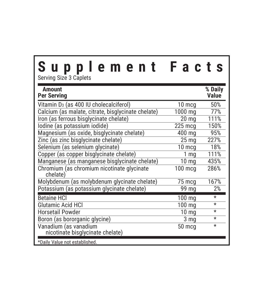 Bluebonnet’s Albion Chelated Multiminerals Caplets supplement facts panel