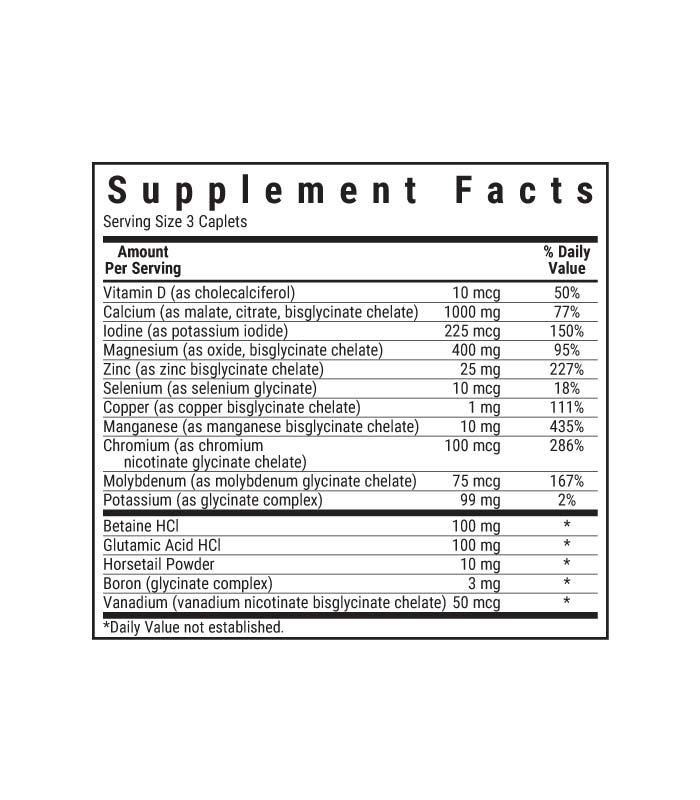 Bluebonnet’s Albion Chelated Multiminerals Caplets (Iron-Free) supplement facts panel