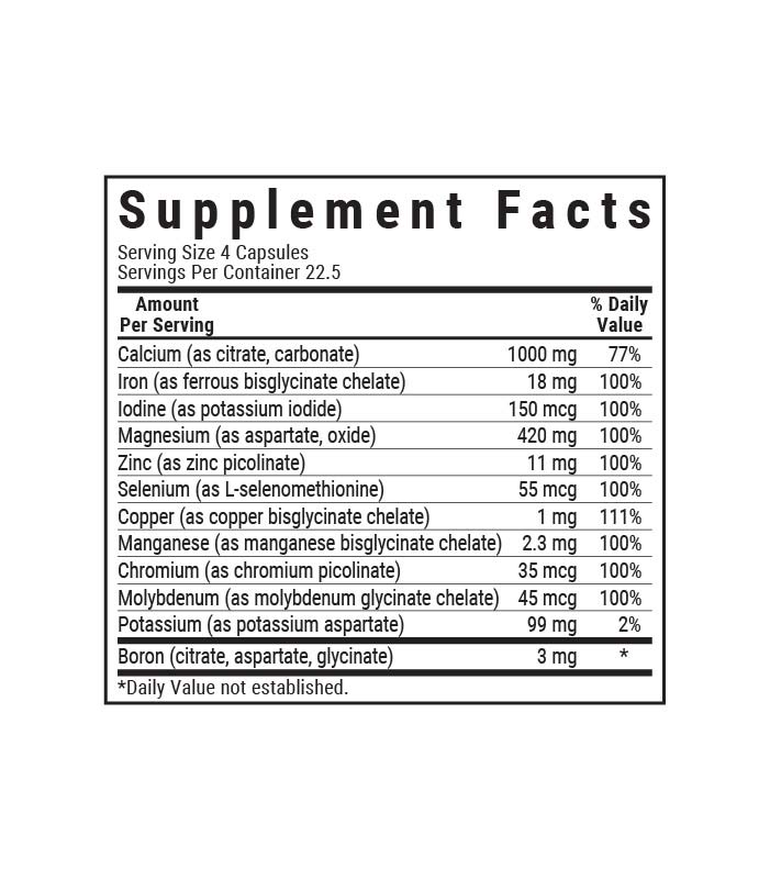 Multiminerals and Boron vegetable capsules (with iron) supplement facts panel