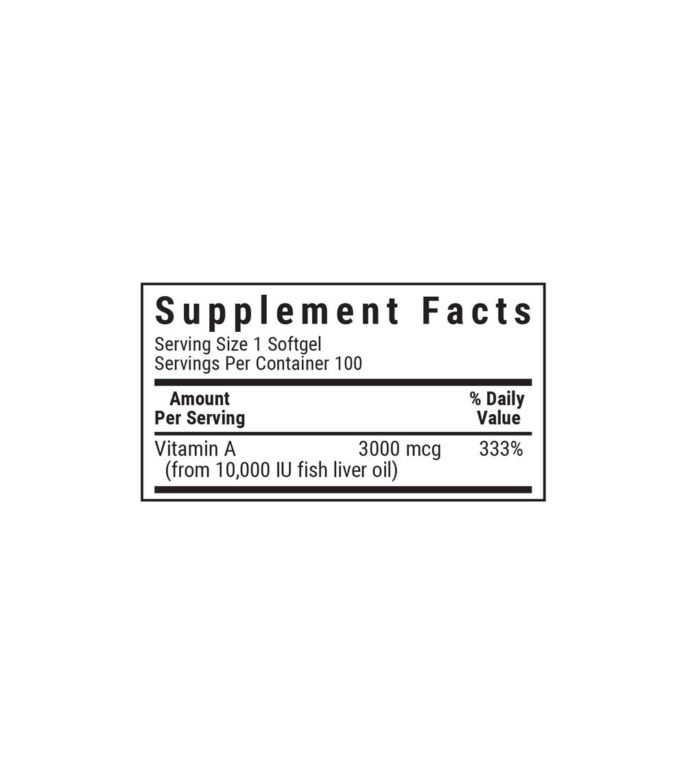 Bluebonnet’s Vitamin A 3000 mcg (10,000 IU) Softgels supplement facts panel