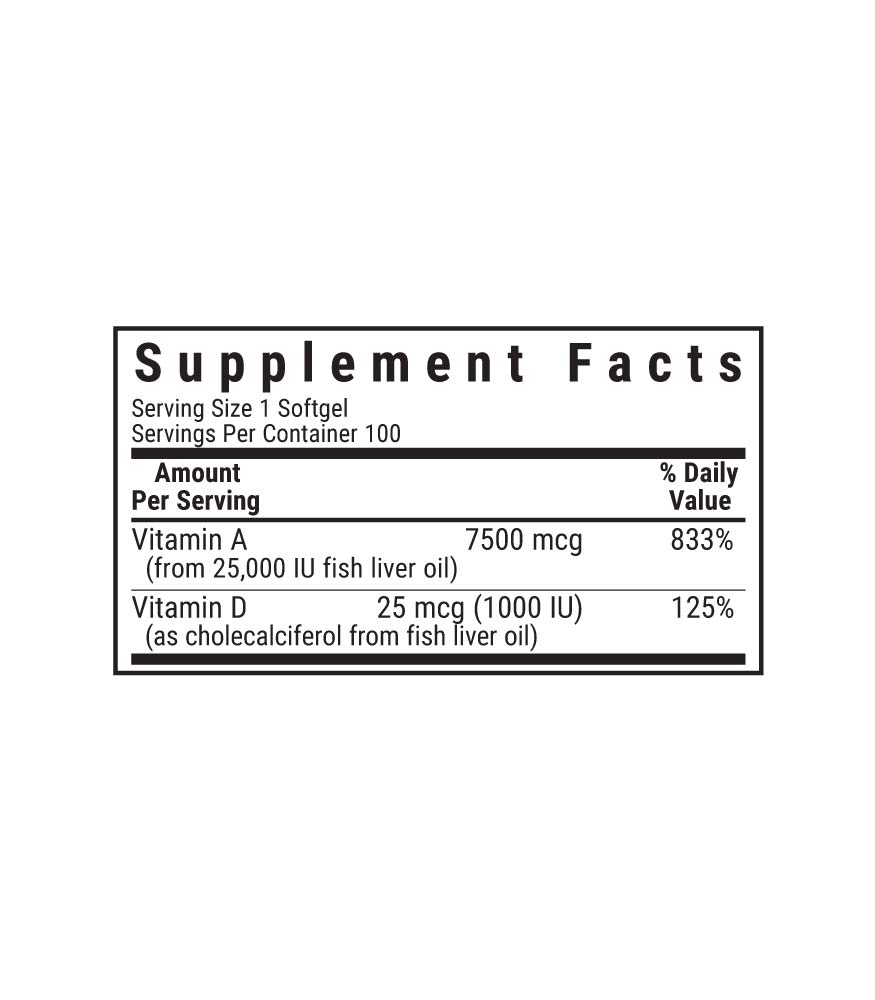 Bluebonnet’s Vitamin A 7500 mcg & D3 25 mcg 100 Softgels supplement facts panel