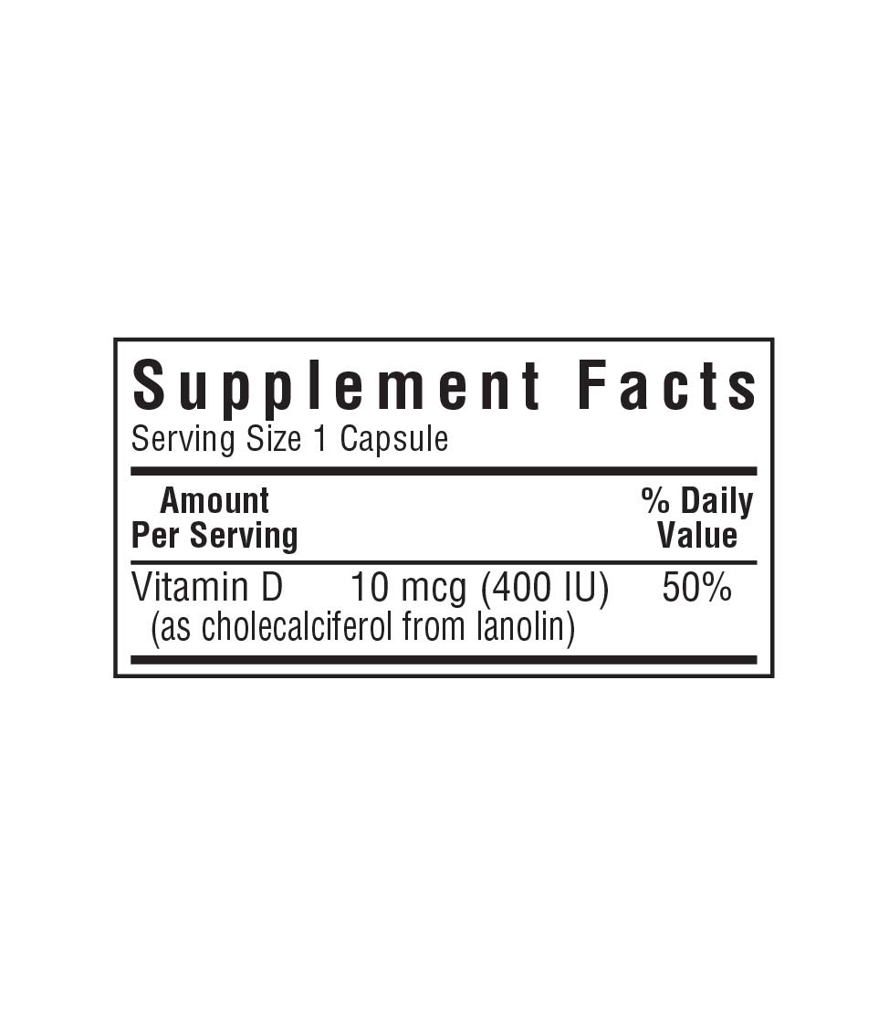 Bluebonnet’s Vitamin D3 10 mcg (400 IU) lanolin source Vegetable Capsules supplement facts panel