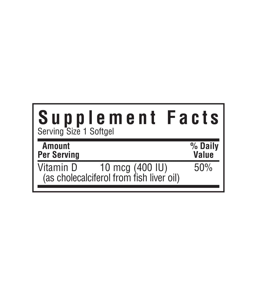 Bluebonnet’s Vitamin D3 400 IU  from fish oil Softgels supplement facts panel