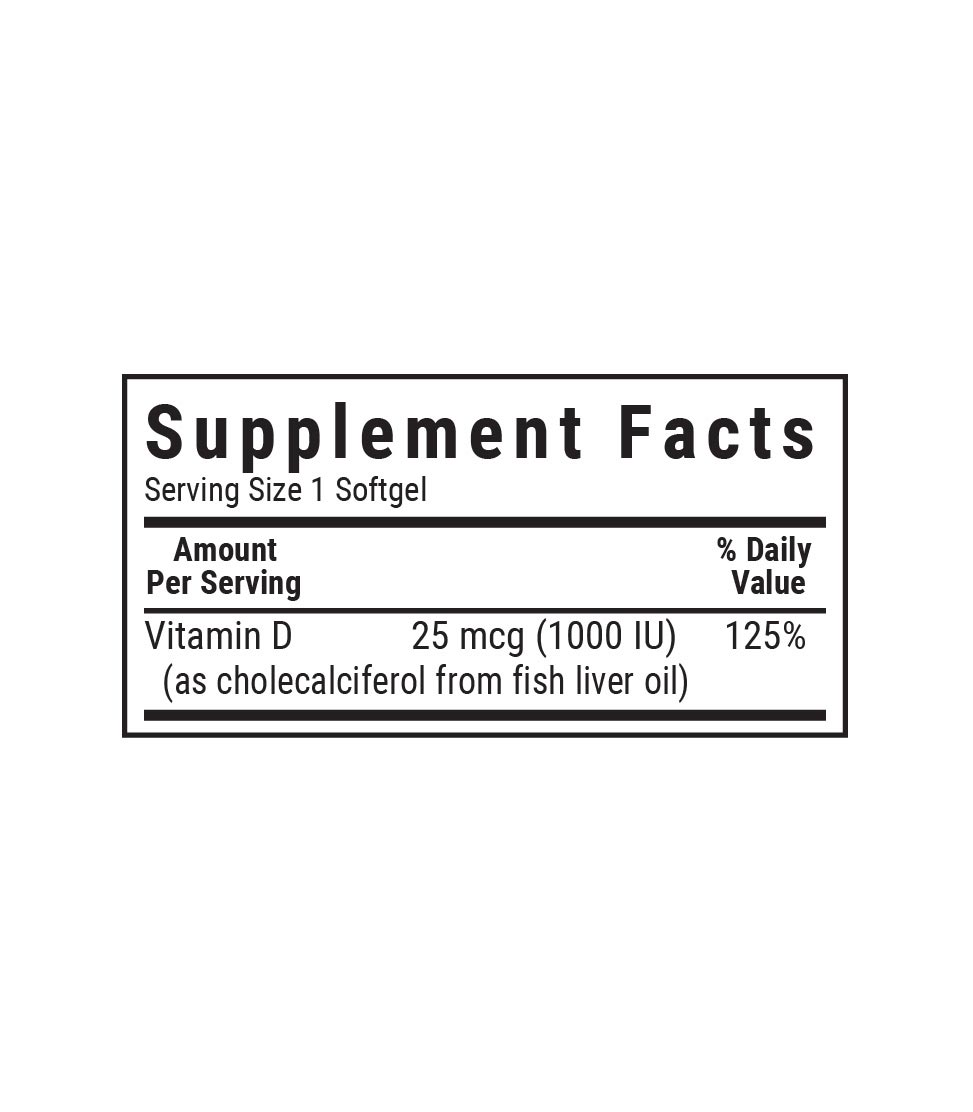 Bluebonnet’s Vitamin D3 1000 IU (25 mcg) fish oil source, Softgels supplement facts panel
