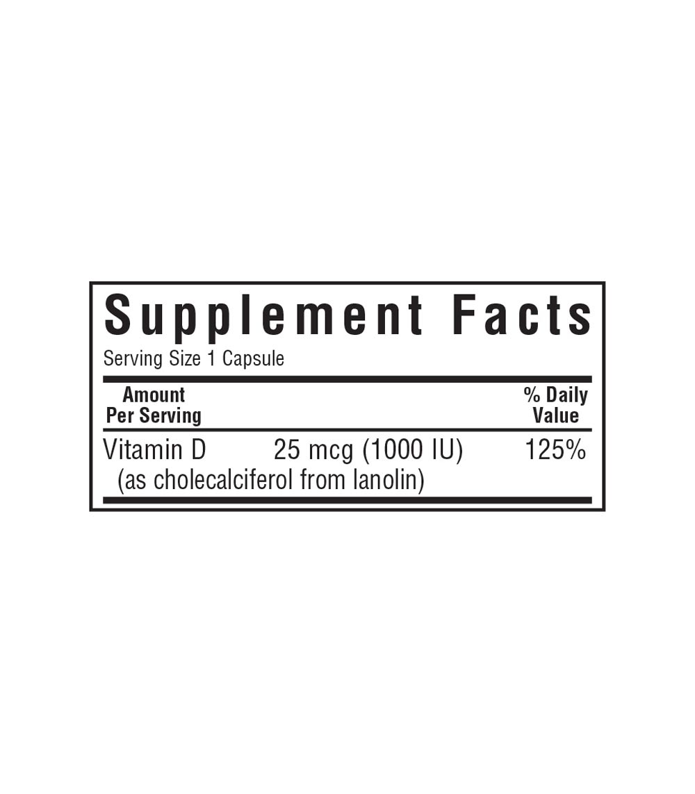 Bluebonnet’s Vitamin D3 1000 IU (25 mcg) lanolin source, Vegetable Capsules supplement facts panel
