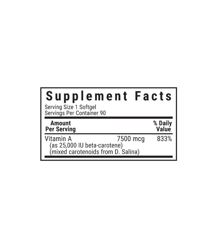 Bluebonnet’s D. Salina Beta-Carotene 25,000 IU (3750 mcg) Softgels supplement facts panel