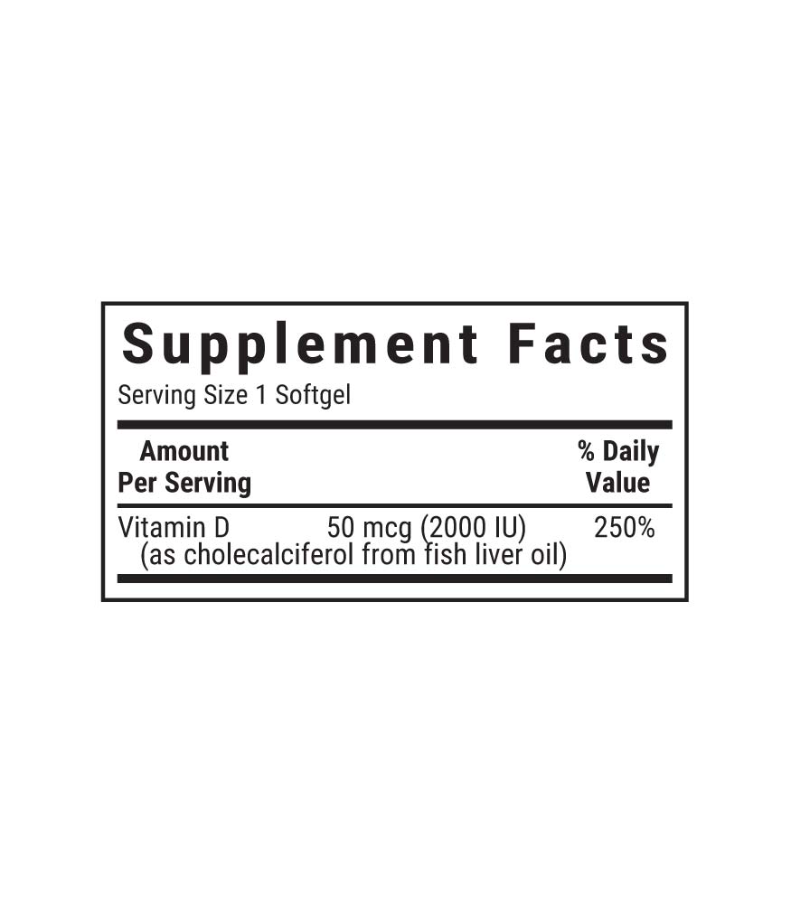 Bluebonnet’s Vitamin D3 50 mcg (2000 IU) Softgels supplement facts panel