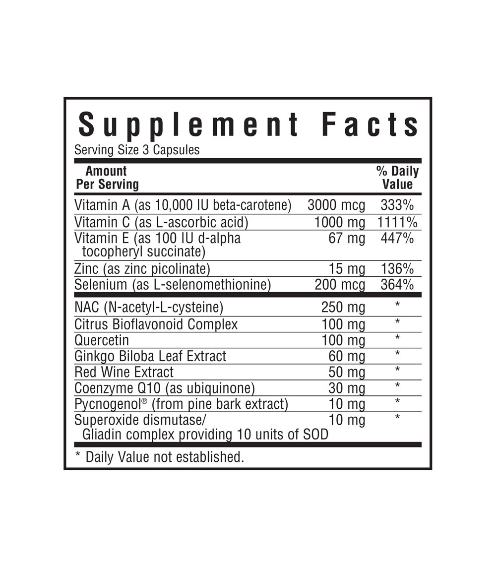 Bluebonnet’s Super Antioxidant Formula Vegetable Capsules supplement facts panel