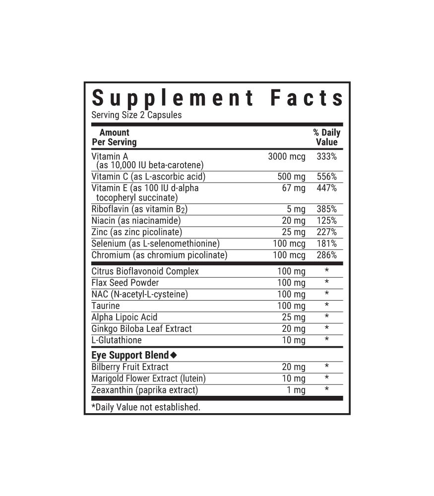 Bluebonnet’s Eye Antioxidant with Zeaxanthin Formula Vegetable Capsules supplement facts panel