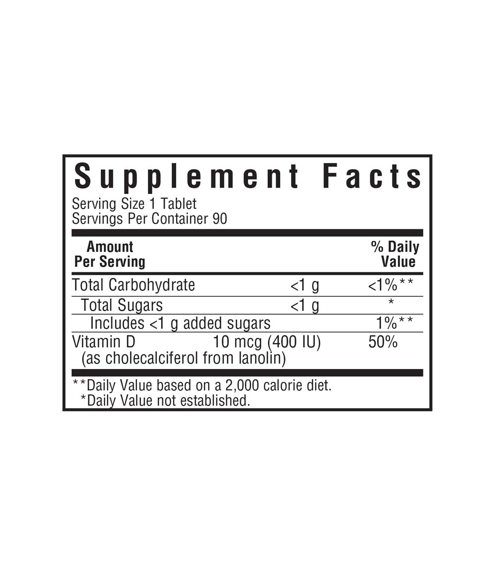 Bluebonnet’s EarthSweet Chewables Vitamin D3 400 IU (10 mcg) chewable tablets supplement facts panel