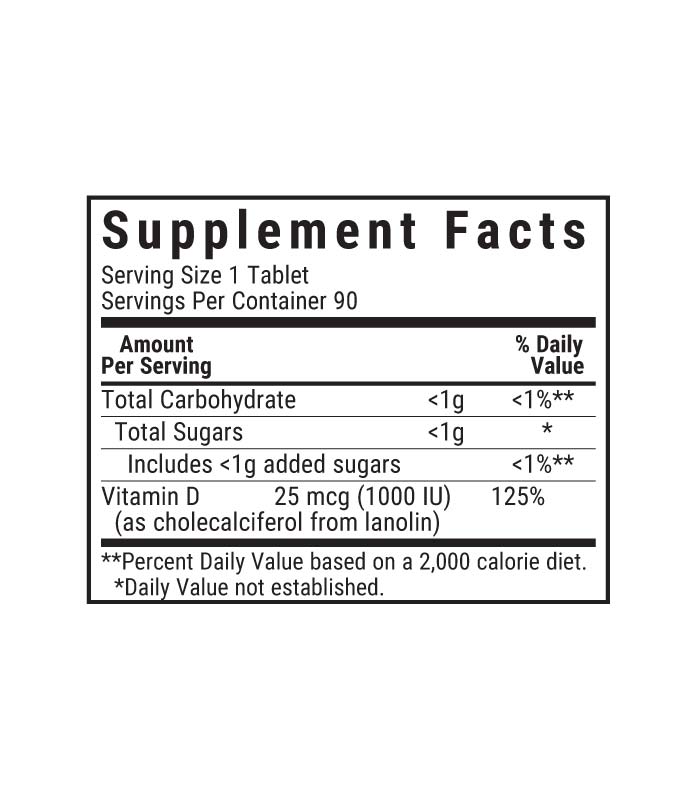 Bluebonnet’s EarthSweet Chewables Vitamin D3 1000 IU (25 mcg) chewable tablets supplement facts panel