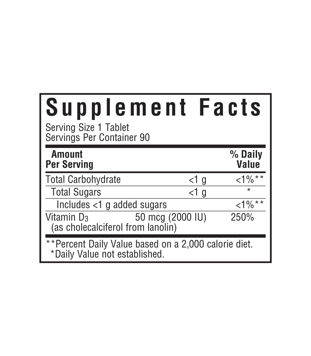 Bluebonnet’s EarthSweet Chewables Vitamin D3 50 mcg (2000 IU) Chewable Tablets supplement facts panel