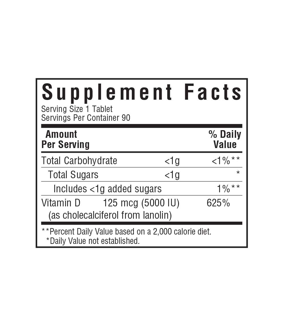 Bluebonnet’s EarthSweet Chewables Vitamin D3 125 mcg (5000 IU) Chewable Tablets supplement facts panel