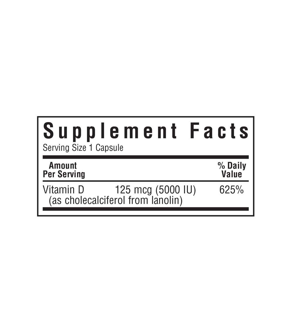 Bluebonnet’s Vitamin D3 5000 IU (125 mcg) lanolin source, vegetable capsules supplement facts panel