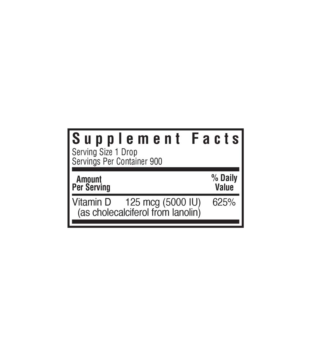Bluebonnet’s Liquid Vitamin D3 Drops 5000 IU (125 mcg) from lanolin, supplement facts panel