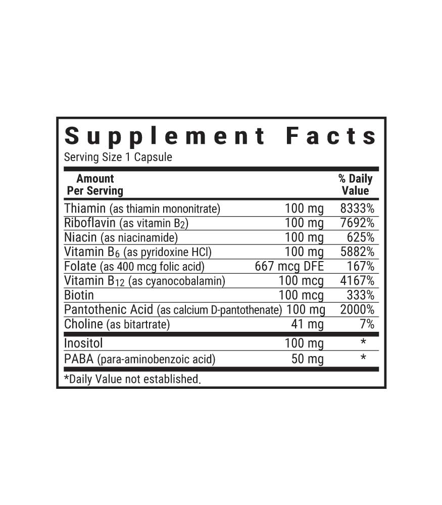 Bluebonnet’s B-Complex 100 Vegetable Capsules supplement facts panel