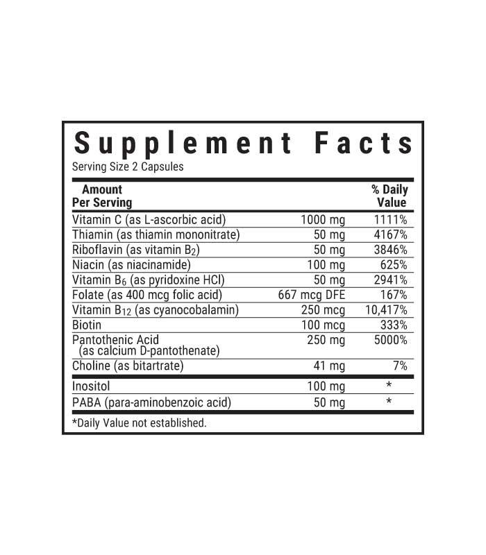 Bluebonnet’s Stress B-Complex with vitamin C Vegetable Capsules, supplement facts panel