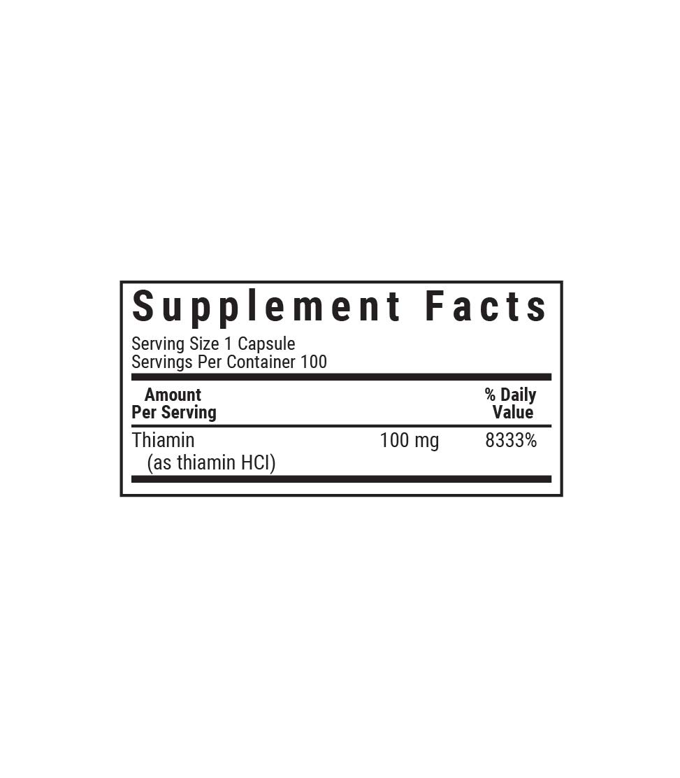 Bluebonnet’s Vitamin B1 100 mg Vegetable Capsules supplement facts panel