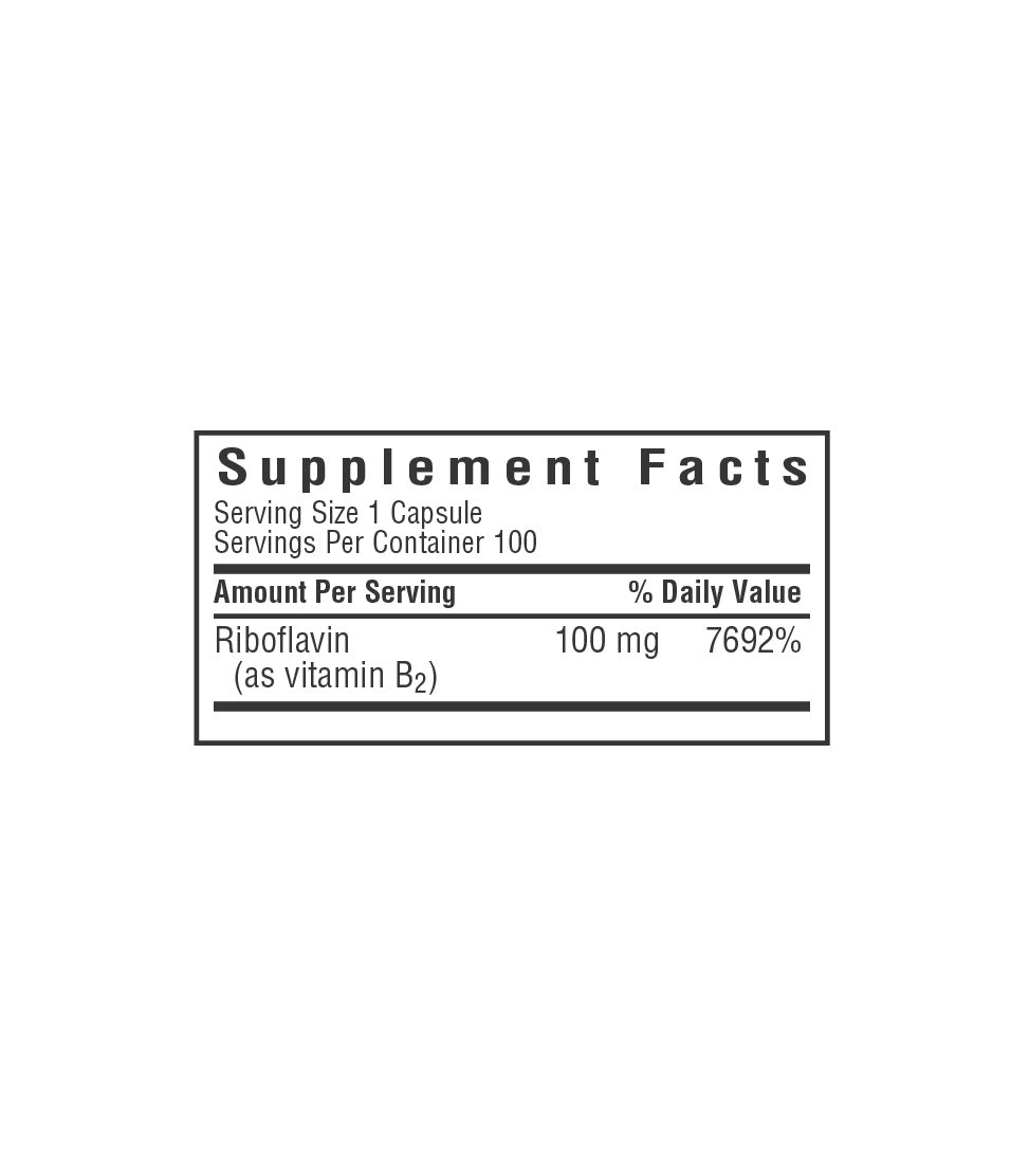 Bluebonnet’s Vitamin B2 100 mg Vegetable Capsules supplement facts panel