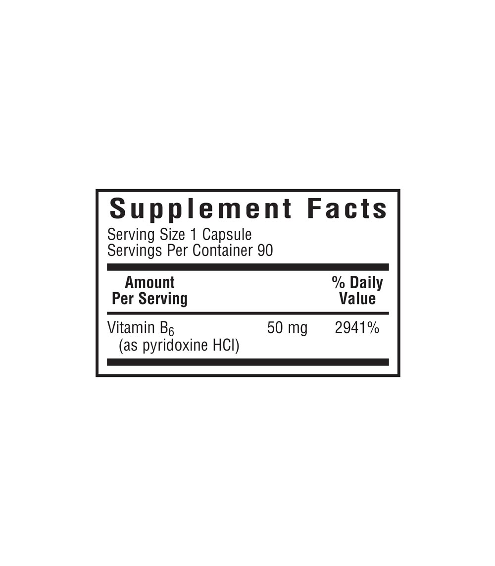 Bluebonnet’s Vitamin B6 50 mg Vegetable Capsules supplement facts panel