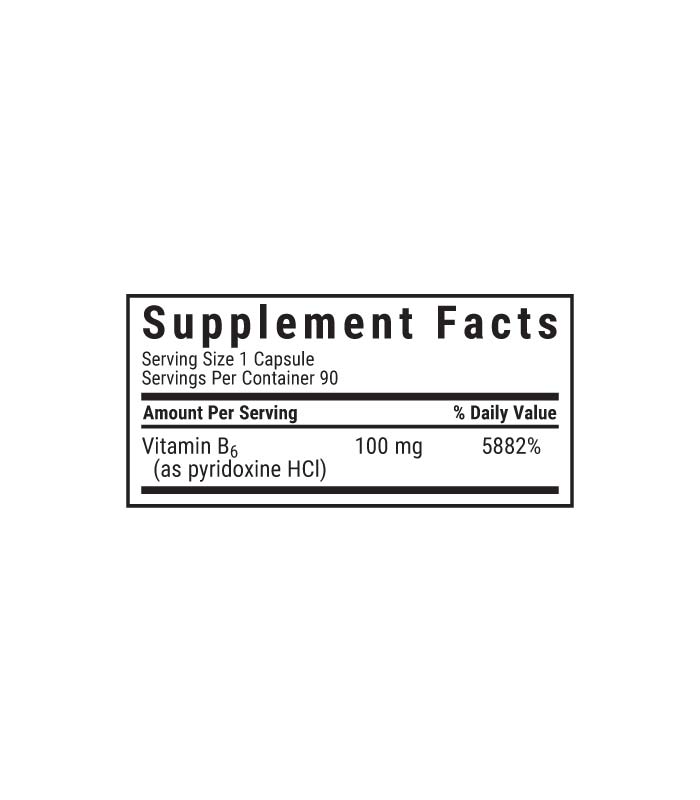 Bluebonnet’s Vitamin B6 100 mg Vegetable Capsules supplement facts panel